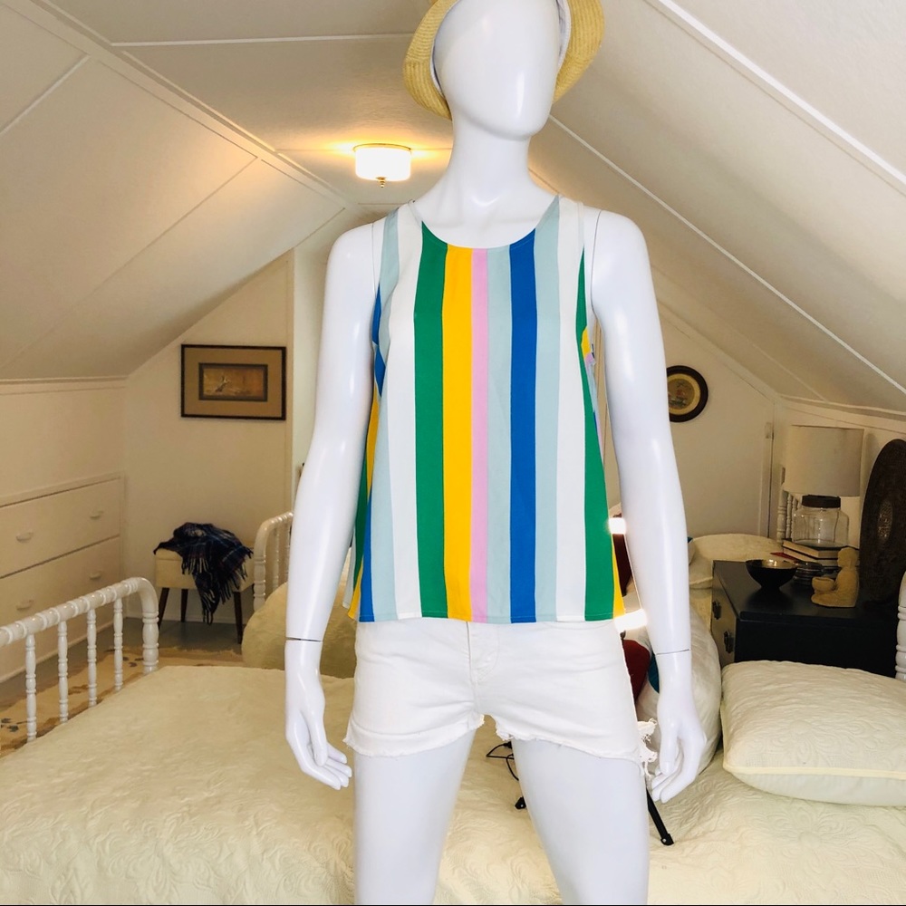 Green blue yellow white sleeveless strip shirt